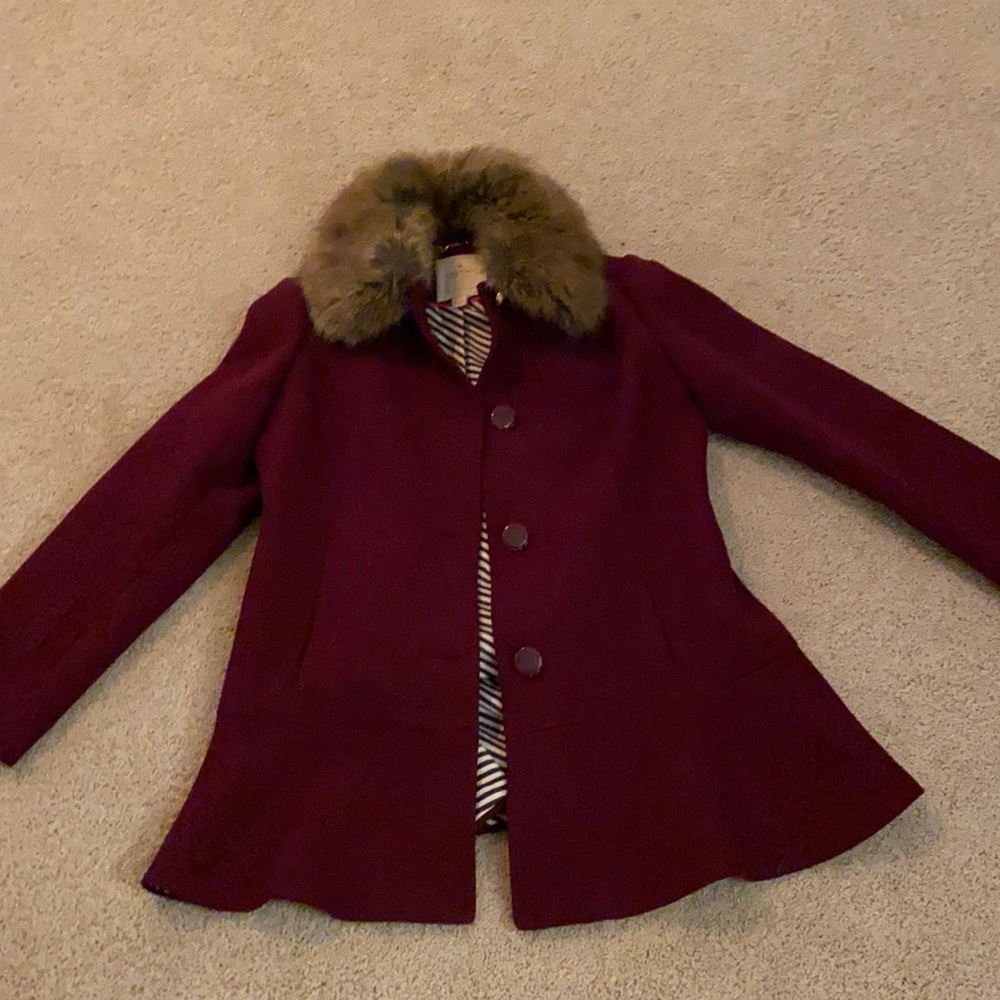 Kate Spade maroon blazer with fur collar.